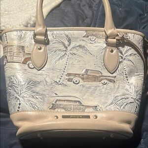 Brahmin Cream and Tan Tote with Retro Pattern